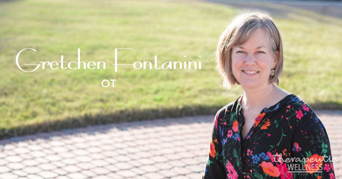 A woman with short hair and a floral top stands outdoors on a sunny day with a grassy field in the background. The text "Gretchen Fontanini OT" and "Therapeutic Wellness" is displayed next to her, evoking a sense of calm that mirrors the peaceful scene. Styled by Kali Harvey.