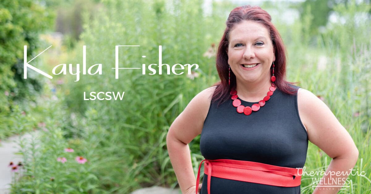 A woman with red hair, wearing a black dress with a red belt and red bead necklace, smiles while standing outdoors in a lush, green setting. Text beside her reads "Kayla Fisher, LSCSW" and "Therapeutic Wellness," evoking the grace of Kali Harvey.