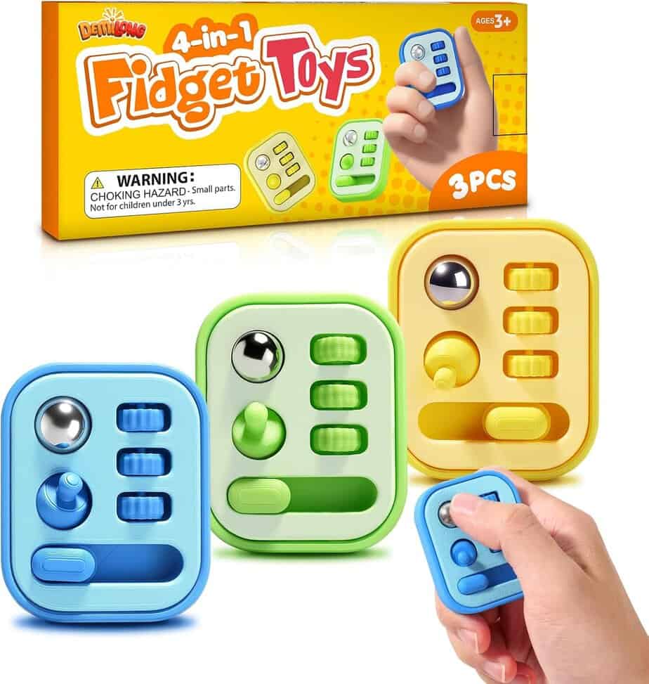 Three colorful fidget toys (blue, green, yellow) with buttons, sliders, and balls, shown with packaging labeled &ldquo;4-in-1 Fidget Toys.&rdquo; A hand is holding the blue toy. For ages 3 and up.
