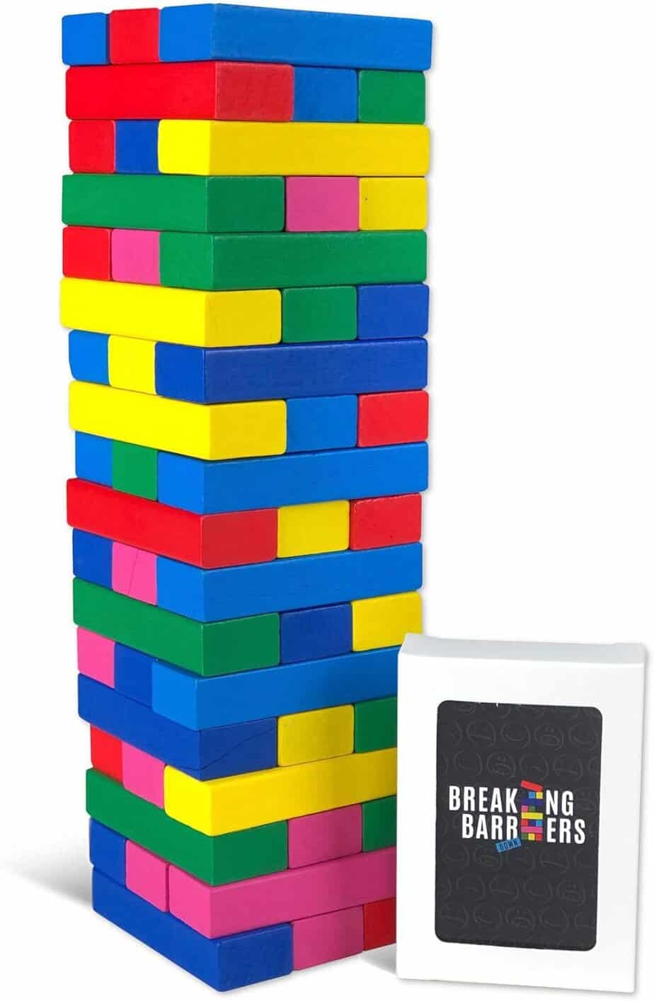 A colorful stacked block tower game with red, yellow, blue, and green pieces, next to a card deck labeled "Breaking Barriers.