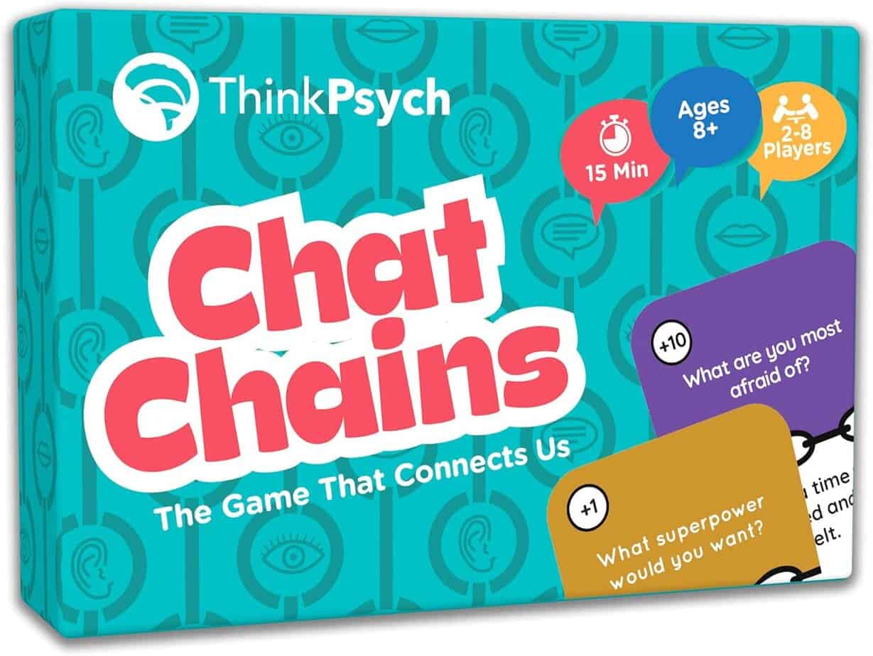Box for "Chat Chains: The Game That Connects Us" by ThinkPsych. It states it&rsquo;s for ages 8+, 2&ndash;8 players, and takes 15 minutes. Two sample cards with discussion questions are partially visible.