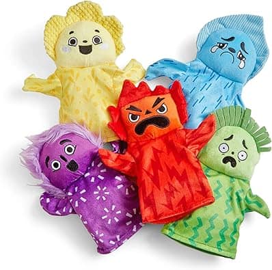 Five colorful hand puppets with expressive faces, perfect for role play or pairing with a Sensory Activity Board. Each represents a different emotion: yellow (happy), blue (sad), red (angry), purple (surprised), and green (scared).