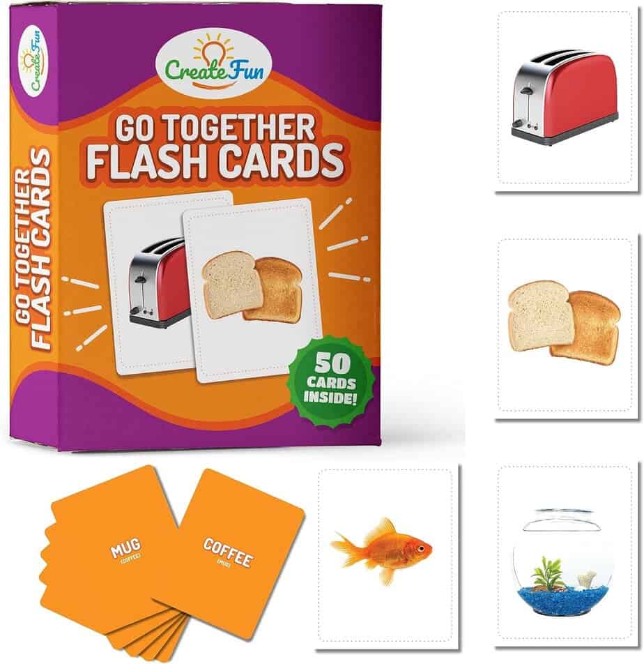 A box labeled "Go Together Flash Cards" with images of cards showing matching items like toaster and bread, mug and coffee, goldfish and fishbowl. The box says "50 cards inside" and features a playful design.