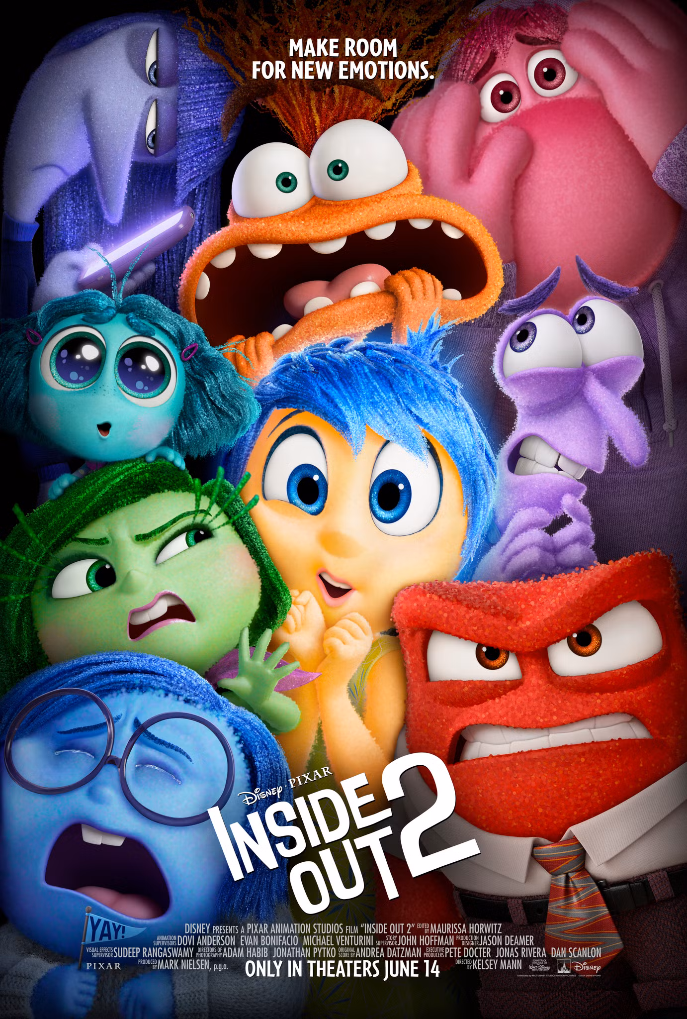 Inside Out 2 movie poster featuring animated emotions&mdash;Joy, Sadness, Anger, Disgust, Fear, plus four new emotions&mdash;smiling and reacting dramatically. Text reads: &ldquo;Make room for new emotions.&rdquo;.