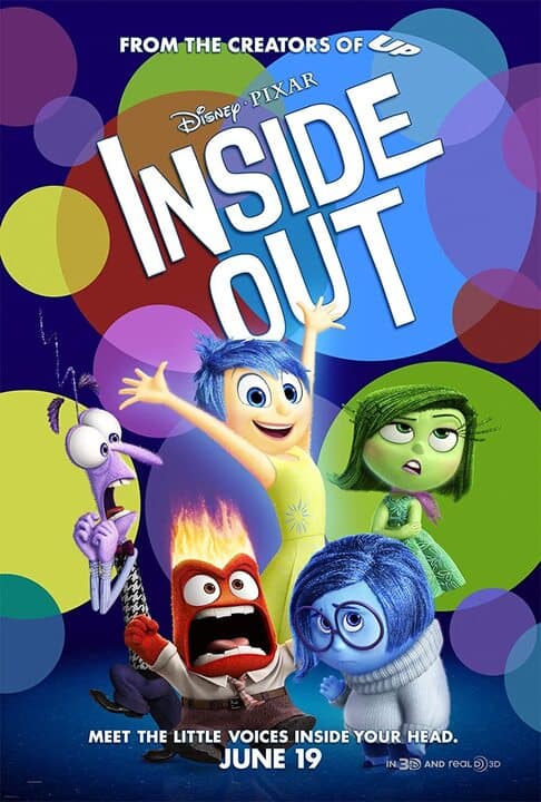 Movie poster for Disney Pixar's "Inside Out" showing five animated characters representing emotions&mdash;Fear, Anger, Joy, Sadness, and Disgust&mdash;posing energetically against a colorful, circular background.