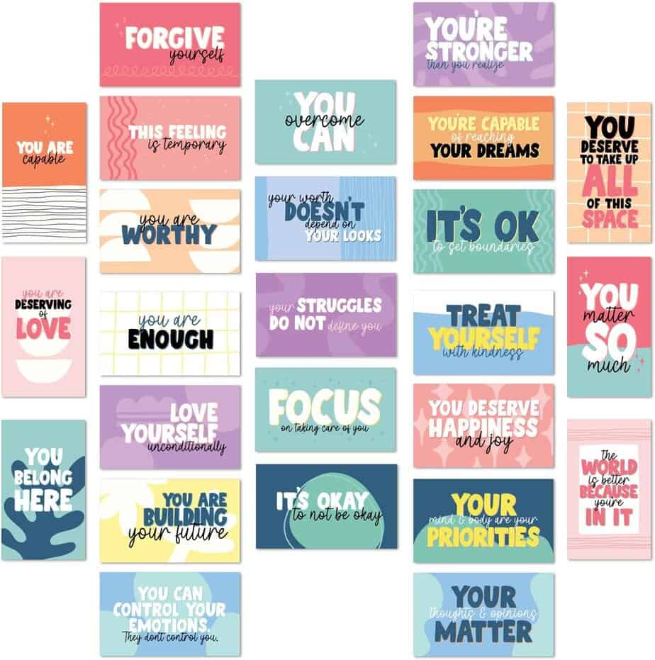 A collection of 25 colorful, motivational cards inspired by mindfulness, each featuring uplifting phrases like &ldquo;Forgive yourself&rdquo; and &ldquo;You are worthy,&rdquo; thoughtfully arranged in a grid&mdash;perfect for daily inspiration or as a unique calendar alternative.