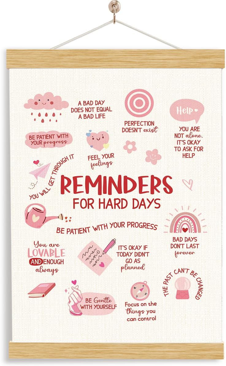 A decorative wall hanging titled "Reminders for Hard Days" features motivational phrases in red and pink&mdash;perfect for your Mental Health Journal corner&mdash;with small doodles like hearts, rainbows, and suns surrounding the supportive messages.