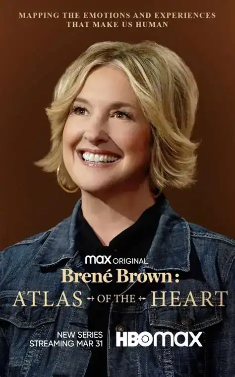 A smiling woman with short blonde hair wears a denim jacket. Text reads: "max original Bren&eacute; Brown: Atlas of the Heart docuseries. New series streaming Mar 31. HBO Max." The background is dark brown with subtle lighting.