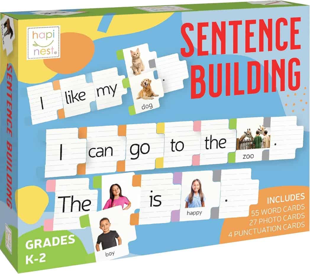 Box for a Sentence Building game for grades K-2. It features cards with words, photos, and blanks to create sentences like &ldquo;I like my dog.&rdquo; and &ldquo;I can go to the zoo.&rdquo; Includes 55 word cards and 27 photo cards.