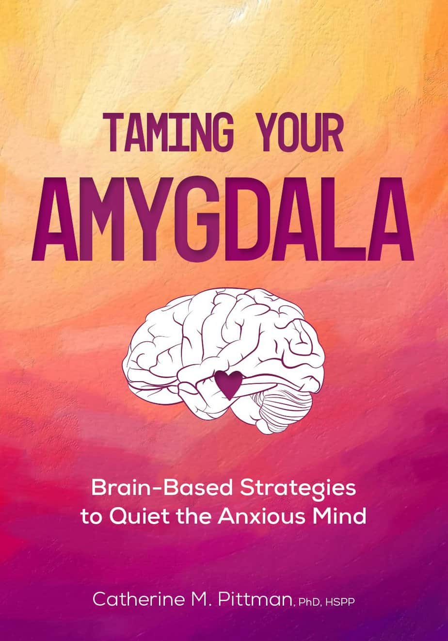 Book cover for "Taming Your Amygdala" with a colorful orange and pink gradient background, an illustration of a brain with a heart inside, and the subtitle "Brain-Based Strategies to Quiet the Anxious Mind.