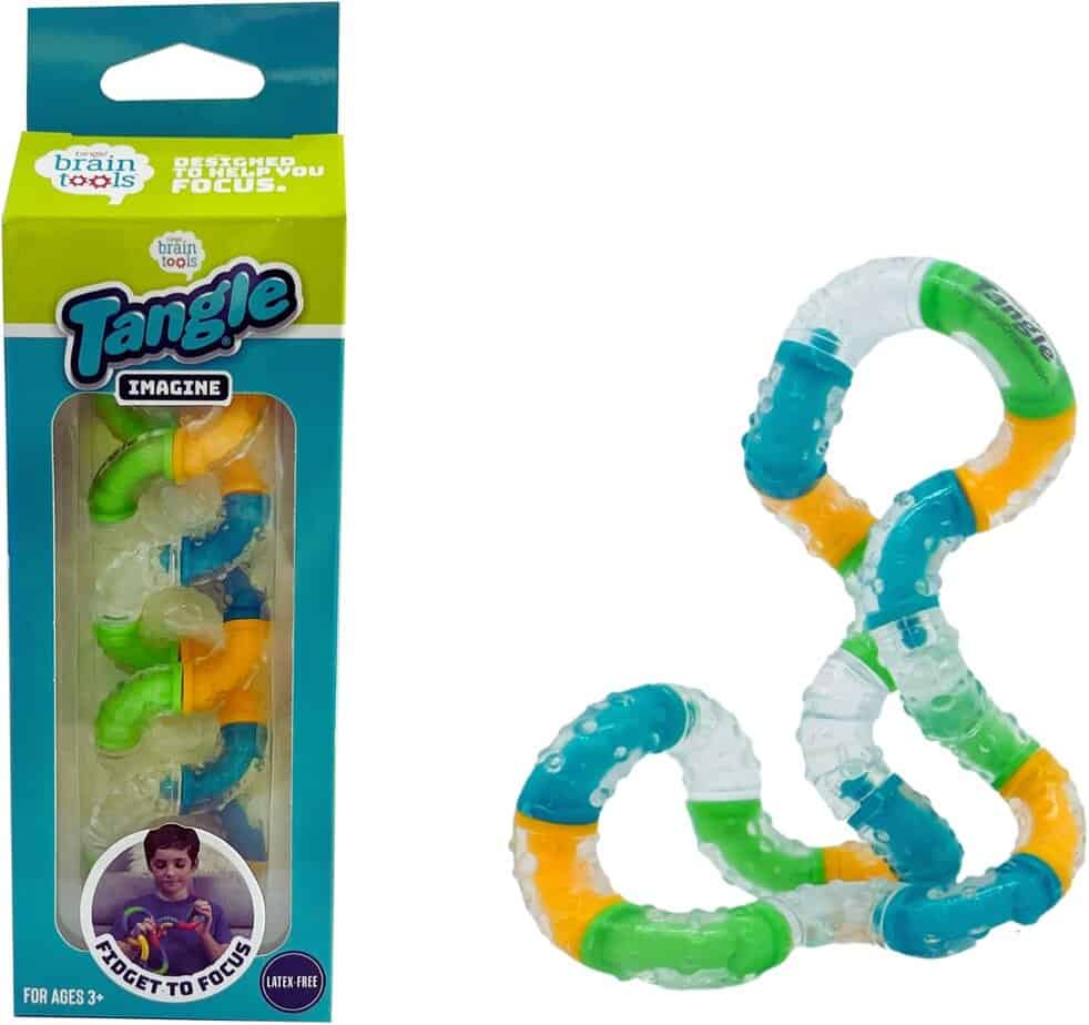A package of Tangle Brain Tools Imagine fidget toy, showing the colorful twistable toy in blue, green, yellow, and clear segments, with a photo of a child using it on the box.