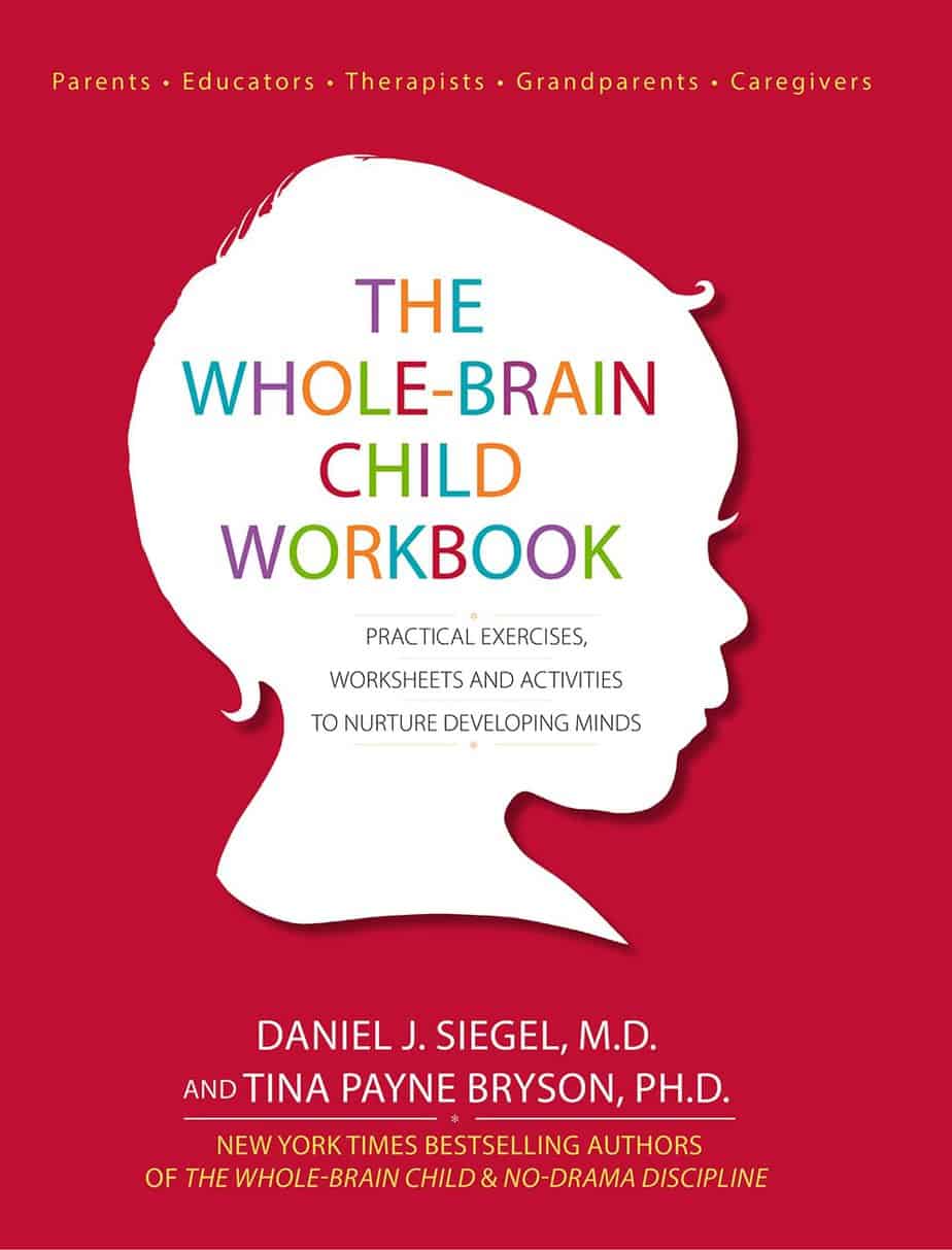 Book cover for "The Whole-Brain Child Workbook" featuring a colorful child&rsquo;s silhouette on a red background, highlighting parenting and child development, with the title and authors&rsquo; names, Daniel J. Siegel and Tina Payne Bryson, below.