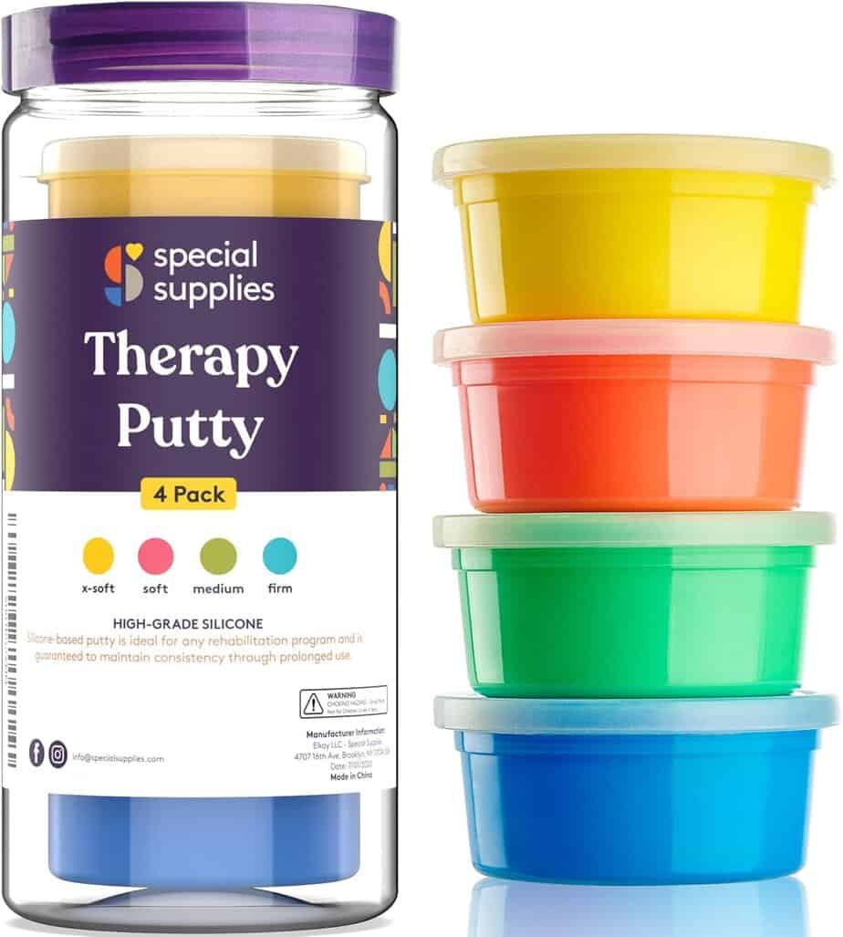 A container labeled "Therapy Putty 4 Pack" by Special Supplies is shown next to four stacked tubs of putty in yellow, red, blue, and green, used for hand rehabilitation exercises.