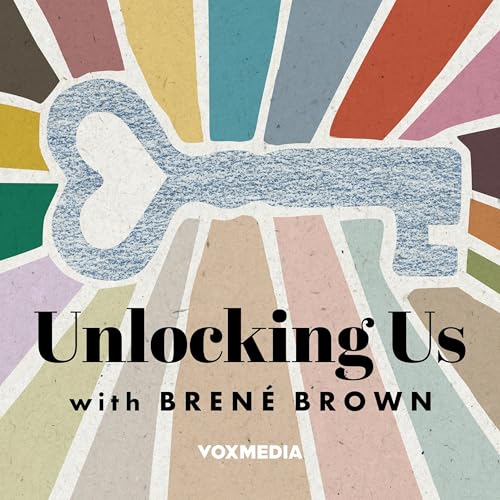 Podcast cover art for "Unlocking Us with Bren&eacute; Brown," featuring a large, textured key on a colorful background. The design reflects themes of grief and finding meaning, with the podcast title and host&rsquo;s name displayed below the key.